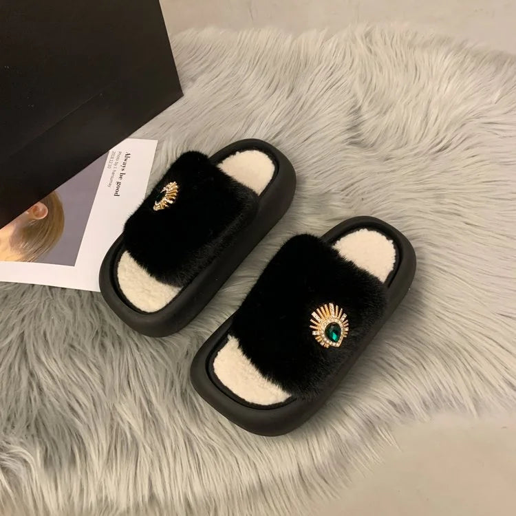 Rhinestone Thick Bottom Cotton Slippers