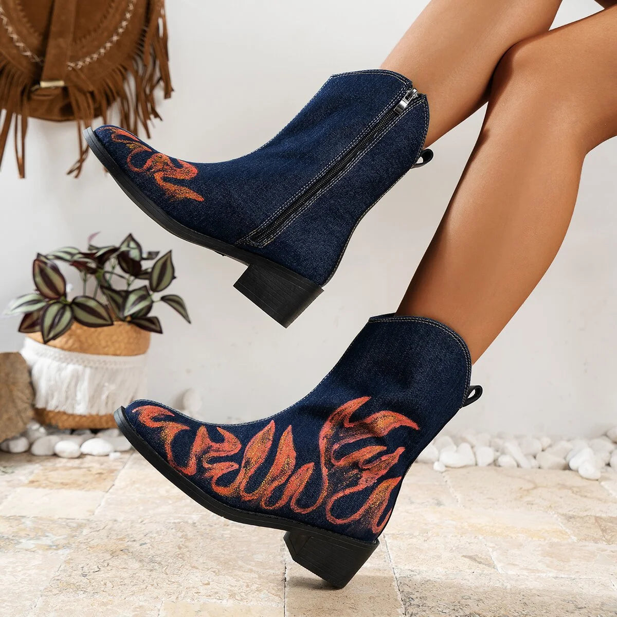 Vintage Denim Zipper Booties