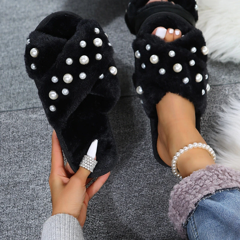 Pearl Crossover Furry Flat Slippers