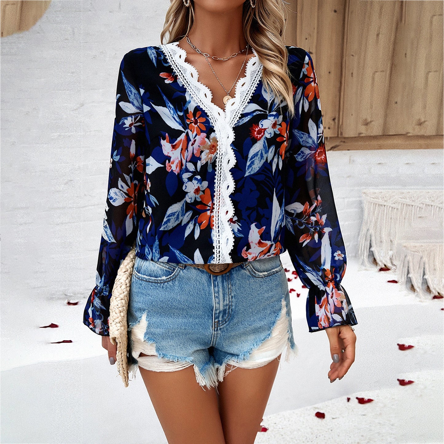 Casual Printed Floral Long Sleeve V-Neck Shirt