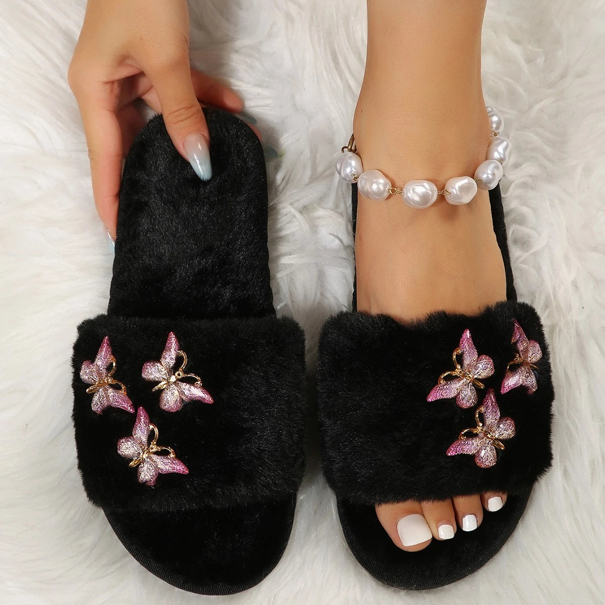 Rhinestone Butterfly Cotton Slippers