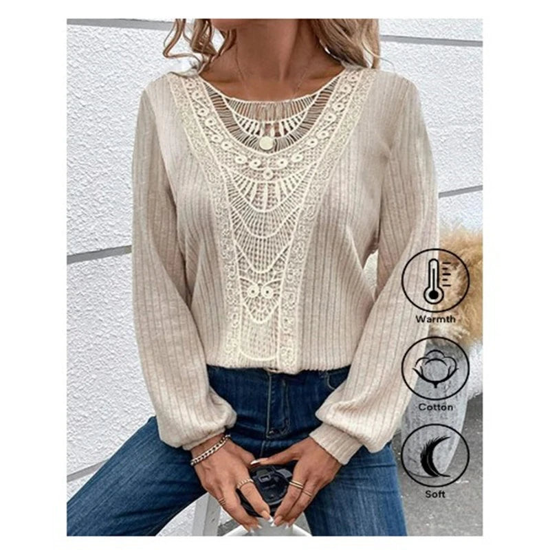 Hollow Lace Round Neck Striped T-shirt
