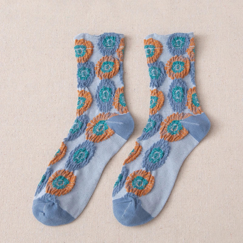 5 Pairs Colorful Embossed Flower Abstract Socks