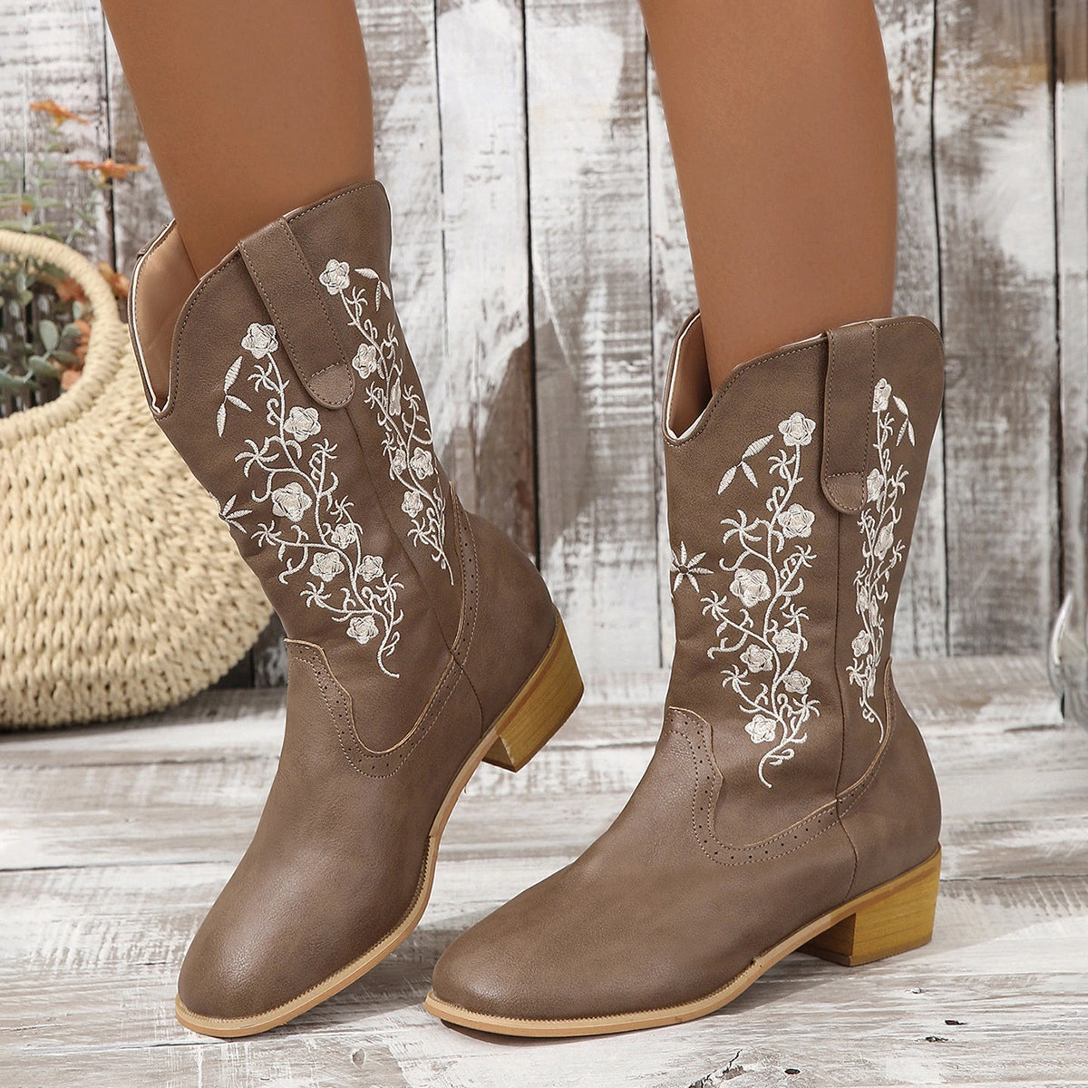 Printed Embroidered Chunky Heel Boots