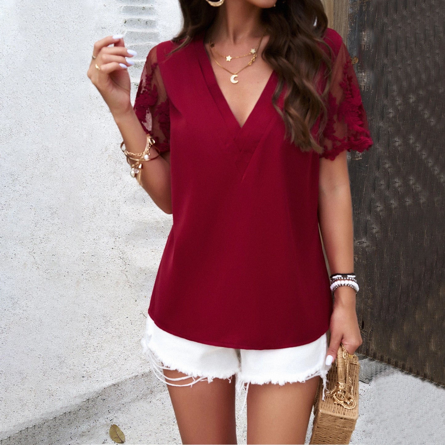 Solid Color V-neck Jacquard Top