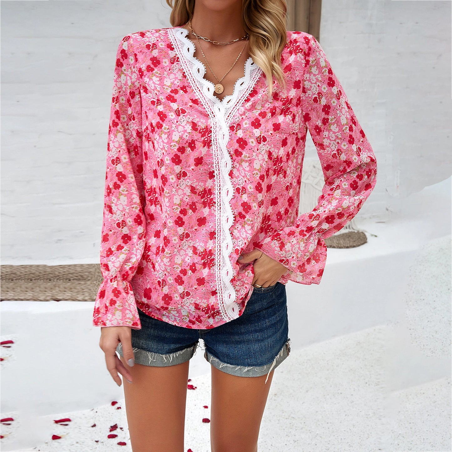 Casual Printed Floral Long Sleeve V-Neck Shirt