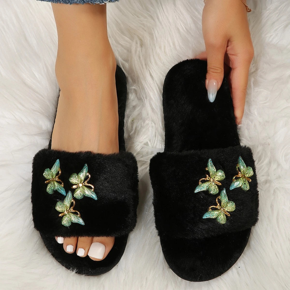 Rhinestone Butterfly Cotton Slippers