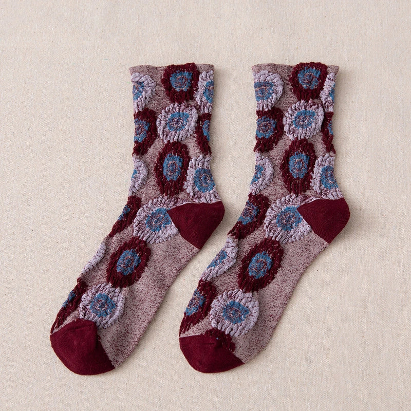 5 Pairs Colorful Embossed Flower Abstract Socks