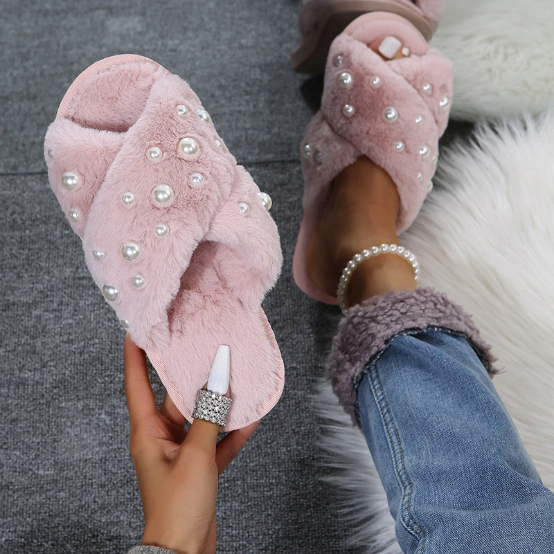 Pearl Crossover Furry Flat Slippers