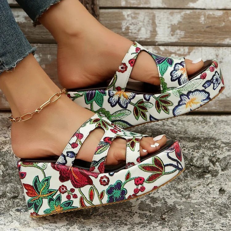 Embroidered Platform Flip Flops