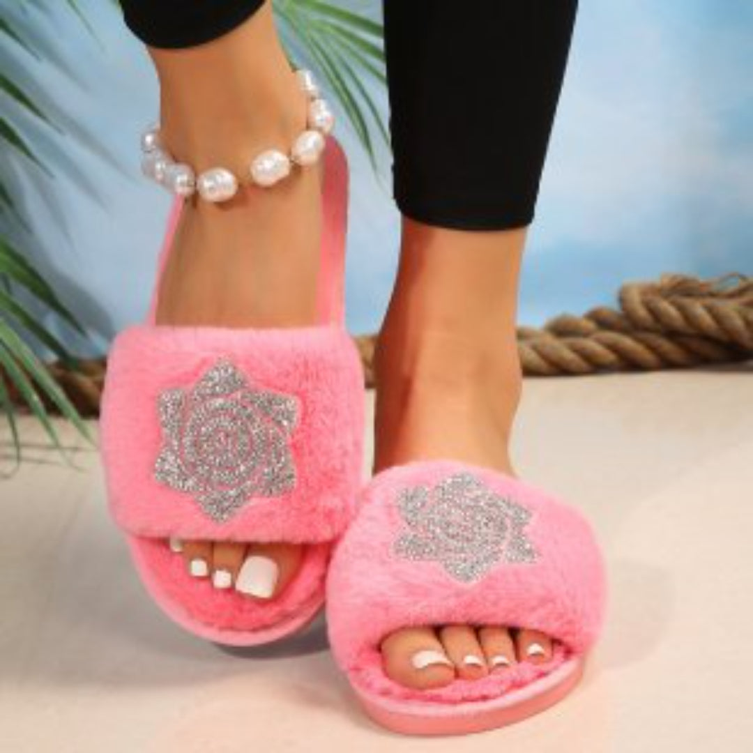 Pearl Hot Drill Fur Slippers