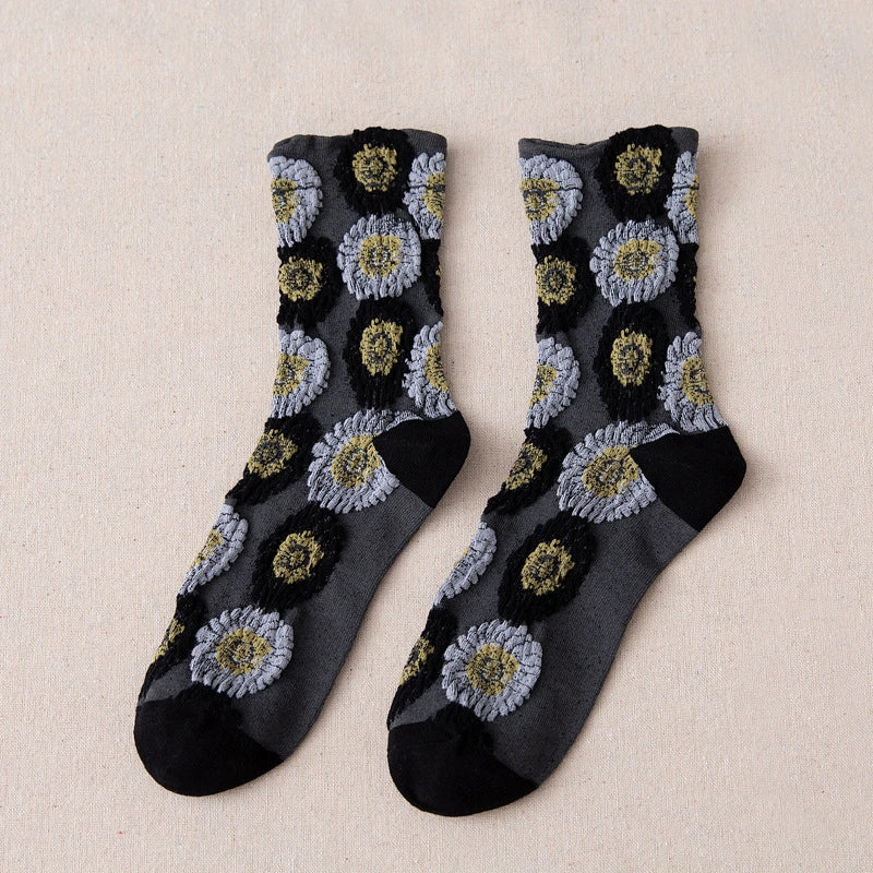 5 Pairs Colorful Embossed Flower Abstract Socks