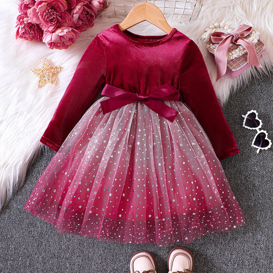 Vestido De Gasa De Terciopelo Degradado De Invierno Para Niña