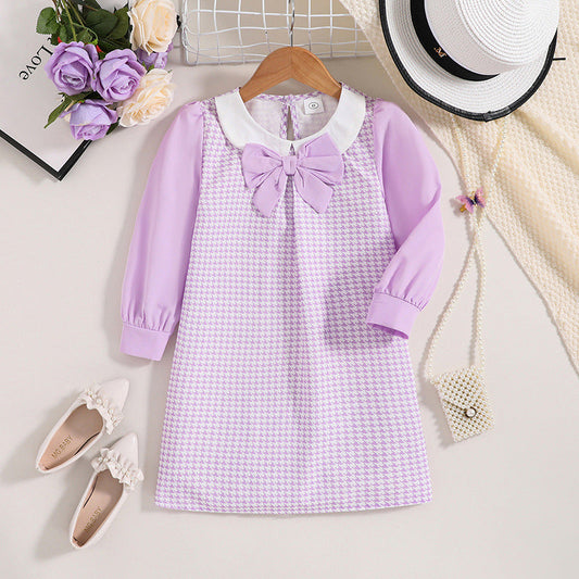 Vestido A Cuadros Con Solapa Y Manga Larga Para Niñas En Otoño