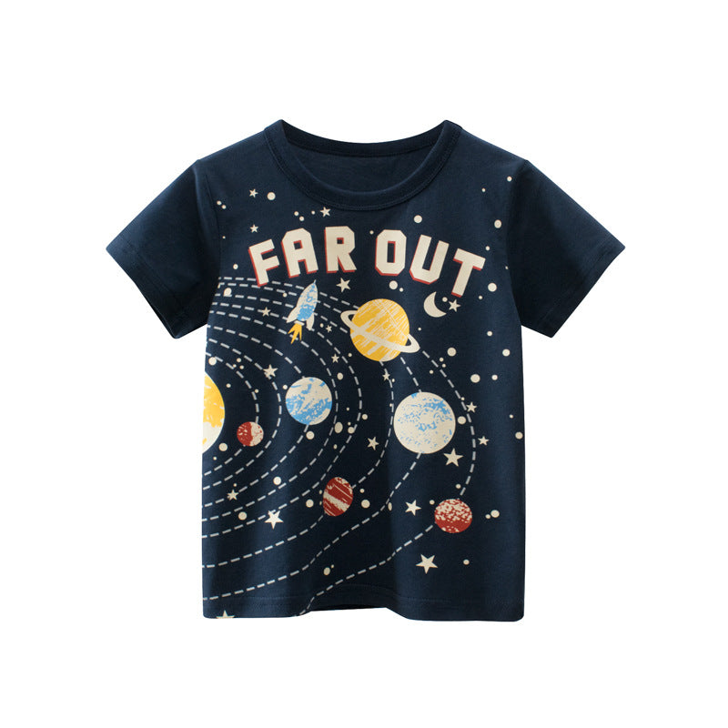 Camisetas de Sistema Solar de Manga Corta con Cuello Redondo para Niños