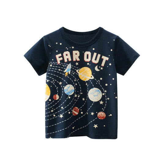 Camisetas de Sistema Solar de Manga Corta con Cuello Redondo para Niños