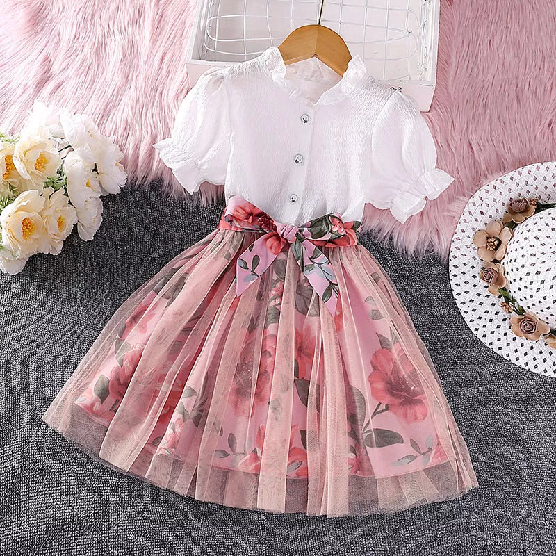 Vestido de Malla para Niñas de Manga Corta con Estampado Floral