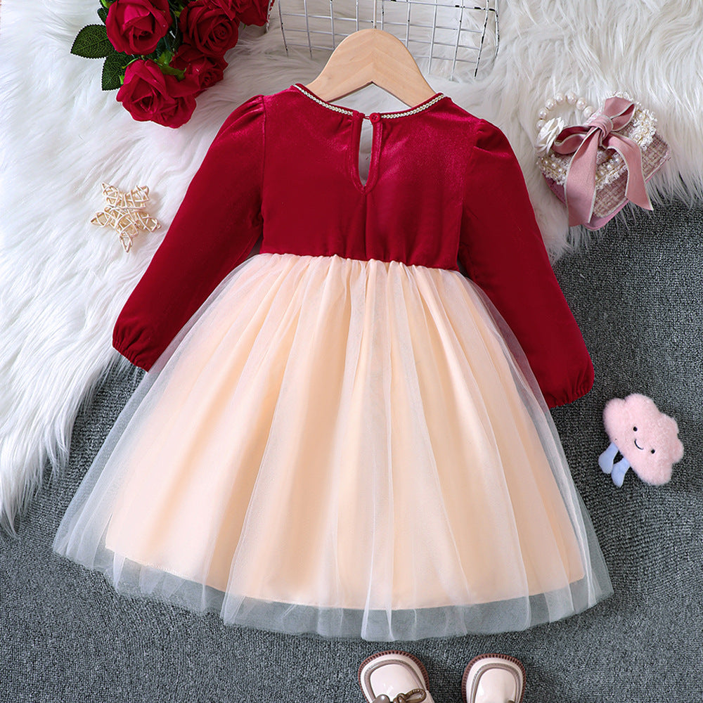 Vestido De Niña De Invierno De Gasa Con Lazo De Terciopelo