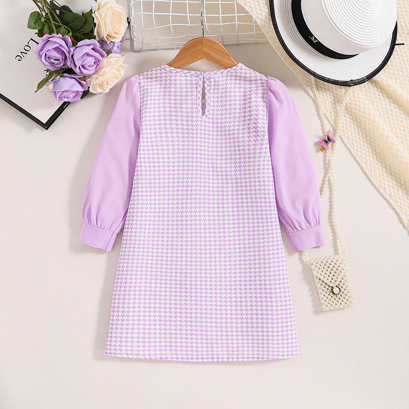 Vestido A Cuadros Con Solapa Y Manga Larga Para Niñas En Otoño