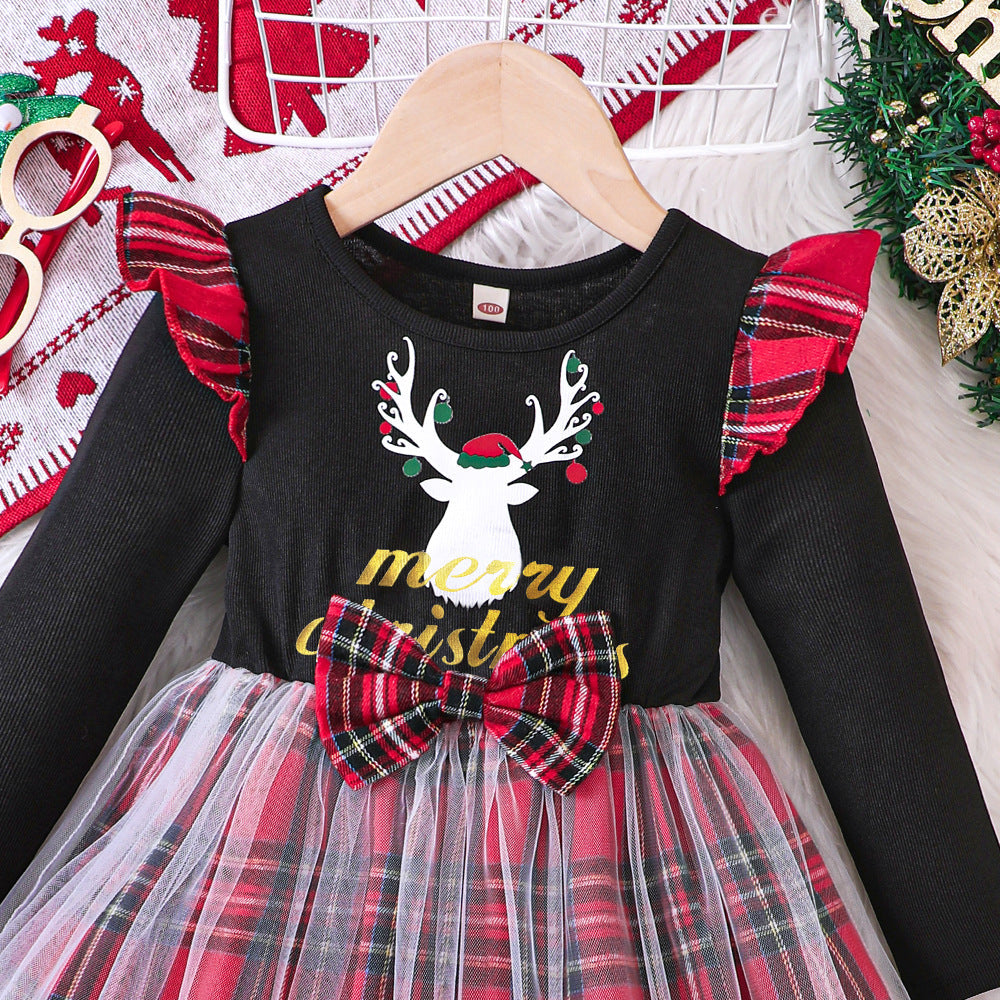 Vestido De Niña Otoño Navidad Alce Gasa Cuadros