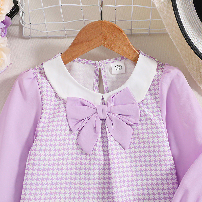 Vestido A Cuadros Con Solapa Y Manga Larga Para Niñas En Otoño