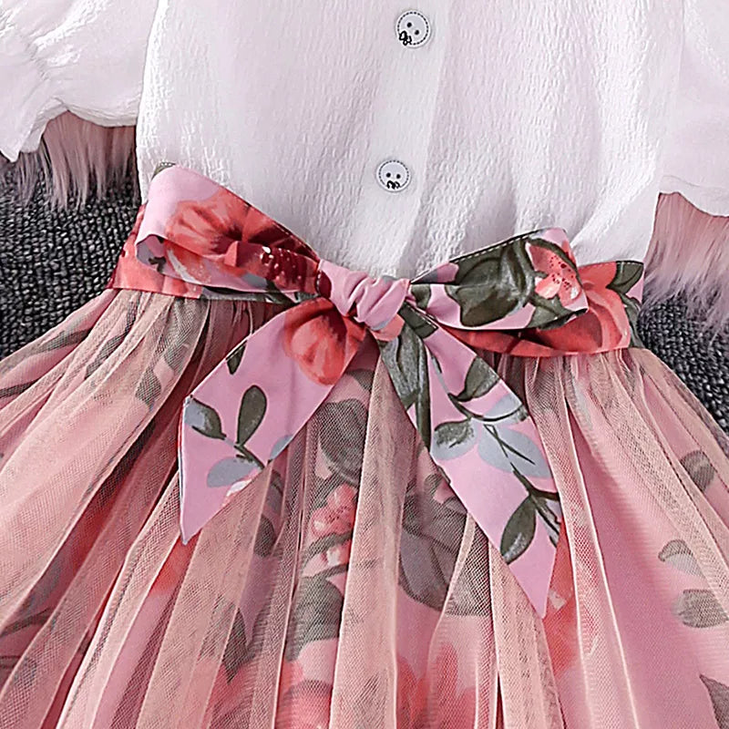 Vestido de Malla para Niñas de Manga Corta con Estampado Floral