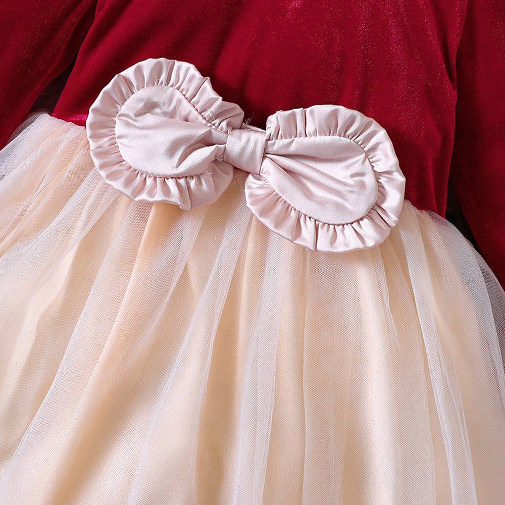 Vestido De Niña De Invierno De Gasa Con Lazo De Terciopelo