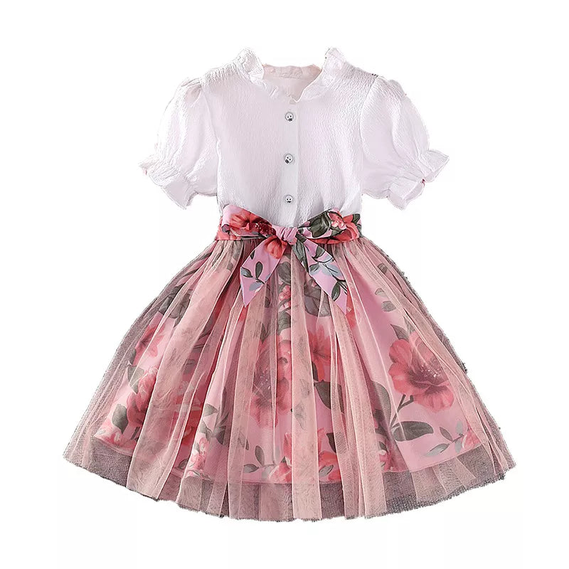 Vestido de Malla para Niñas de Manga Corta con Estampado Floral