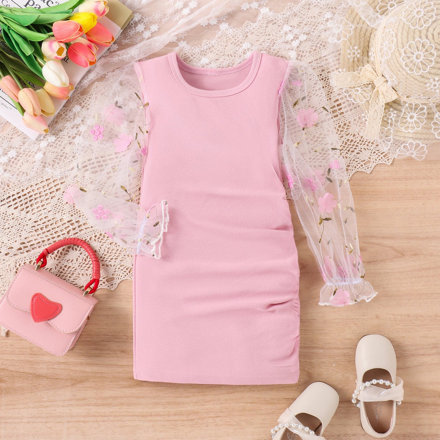 Vestido De Manga Larga Bordado De Gasa Para Niñas De Primavera