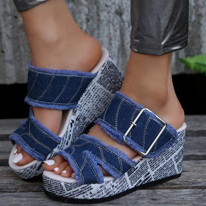 Fish Mouth Wedge Platform Printed Sandals