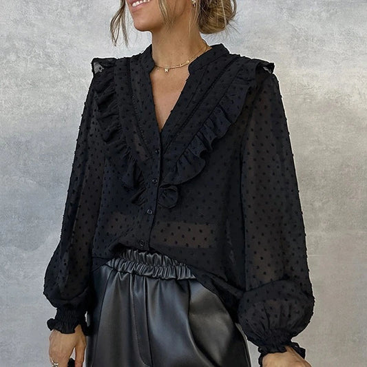 Ruffle Trim Lantern Sleeve Blouse