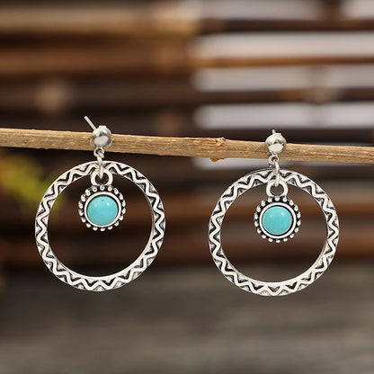 Vintage Round Openwork Inlaid Turquoise Earrings