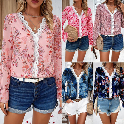 Casual Printed Floral Long Sleeve V-Neck Shirt