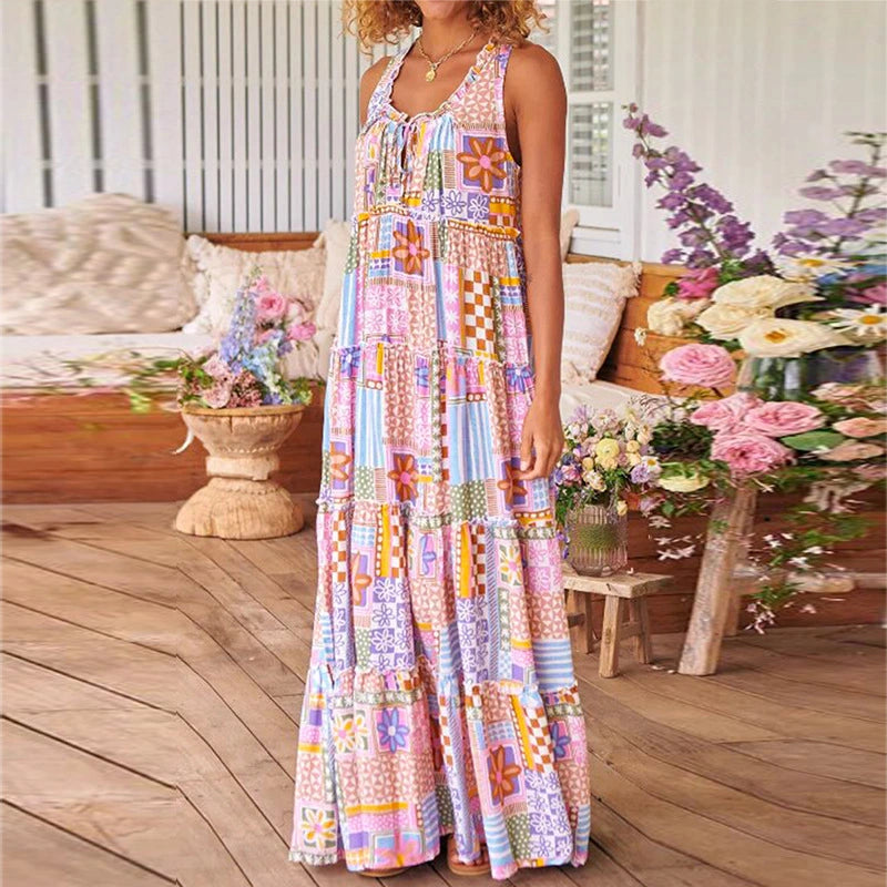 Floral Printed Short Sleeve Round Neck Long Dress