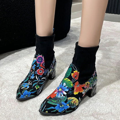 Floral Print Pointed Toe Chunky Heel Boots