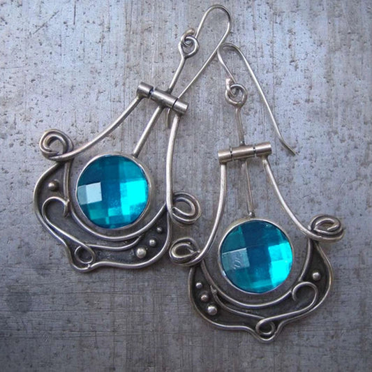 Blue Round Rhinestone Dangle Earrings