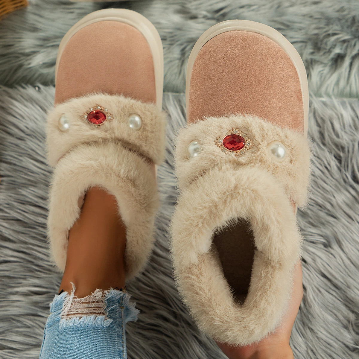 Rhinestone Embellished Cozy Cotton Shoes