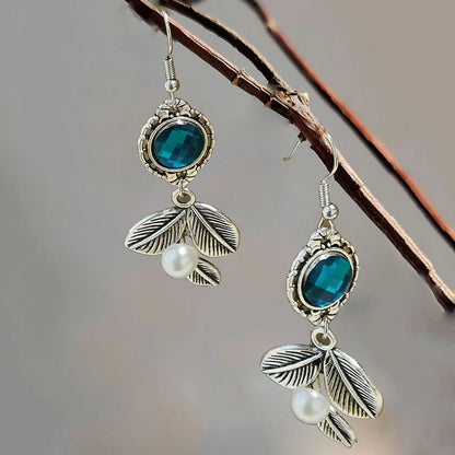 Vintage Blue Crystal Leaf Tassel Earrings