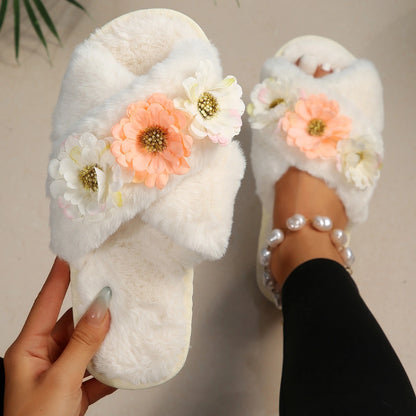 Flower Embroidery Fuzzy Slippers