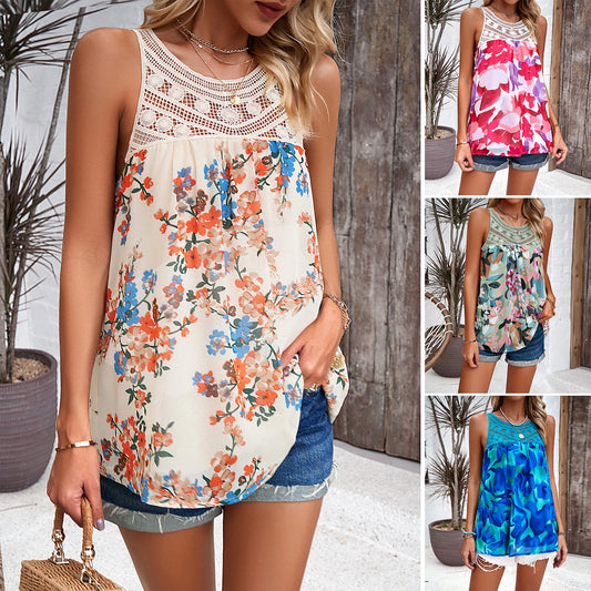 Casual Sleeveless Crew Neck Floral Printed Top