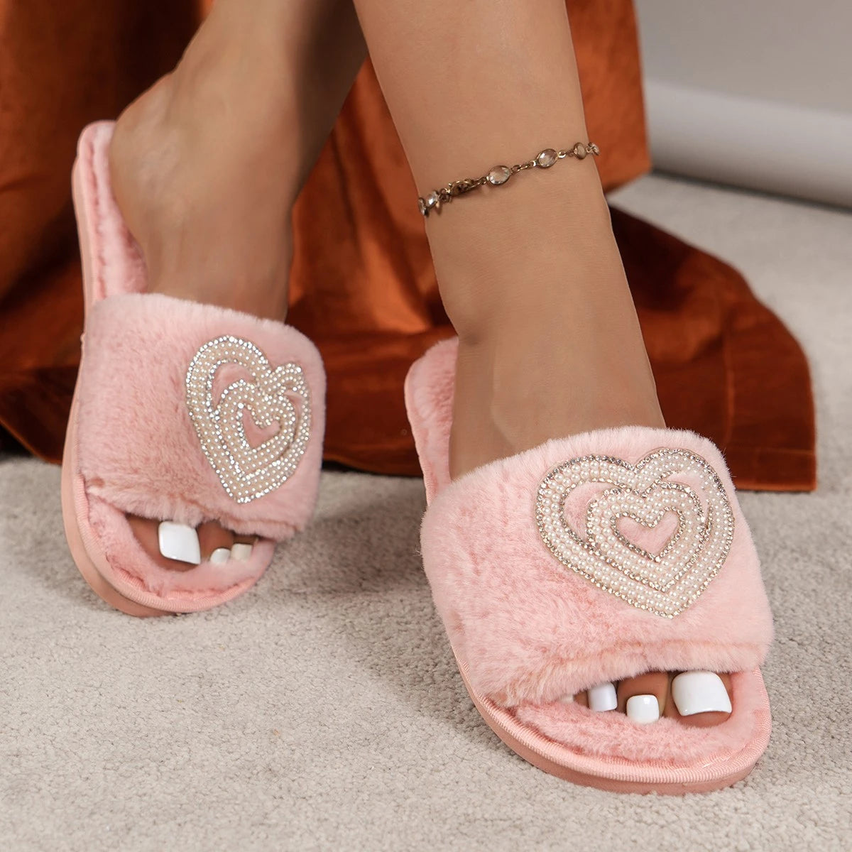 Pink Heart Round Toe Slippers