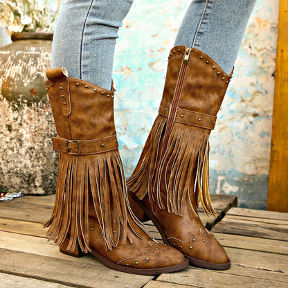 Retro Tassel Studded Belt Buckle Boots