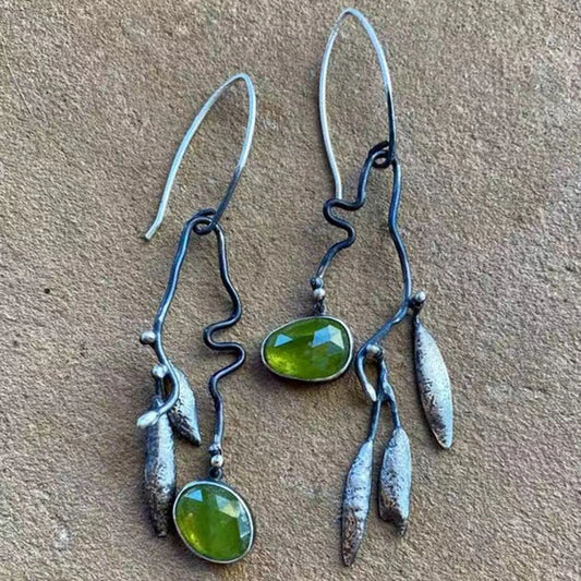 Vintage Leaf Metal Green Crystal Drop Earrings