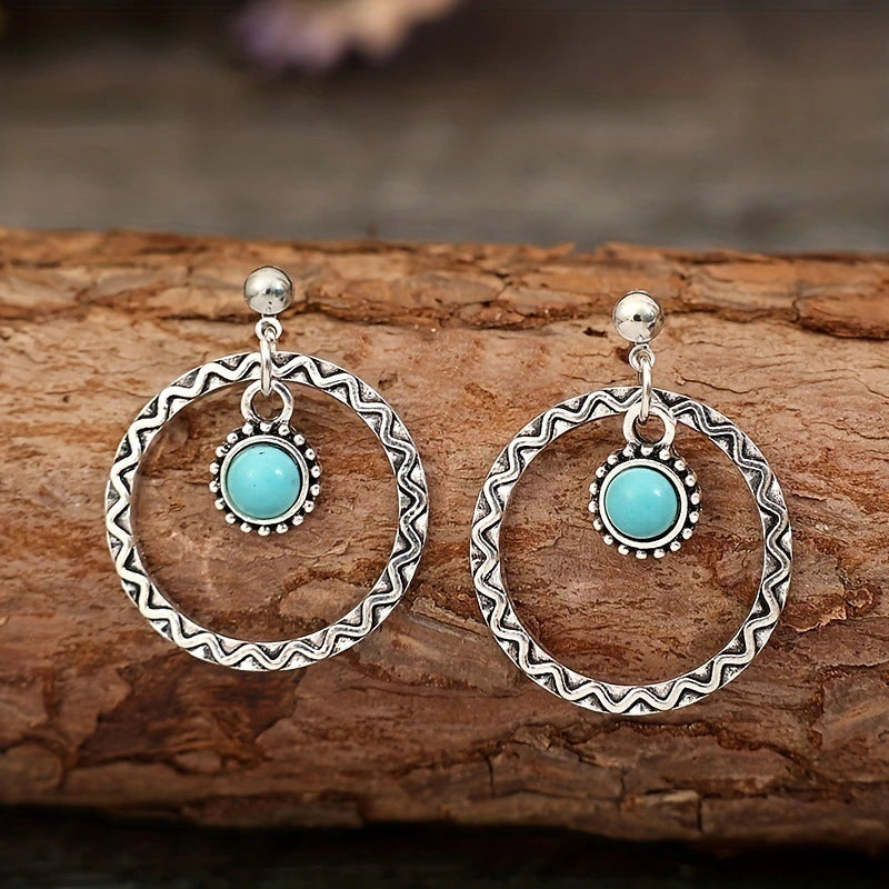 Vintage Round Openwork Inlaid Turquoise Earrings