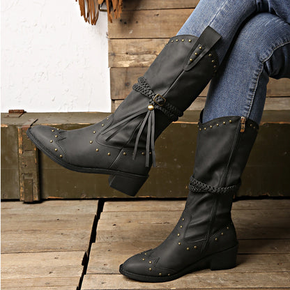 Pointed Toe Studded Chunky Heel Boots