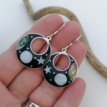 Hollow Round Enamel Star  Moon Earrings