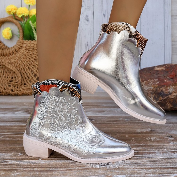 Shiny Chunky Heel Pointed Toe Women's Boots