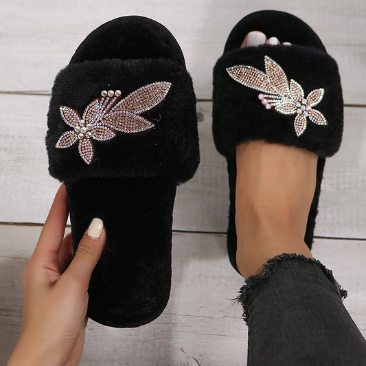 Rhinestone Fur Slippers