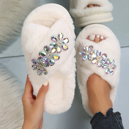 Diamond Buckle Crossover Plush Slippers