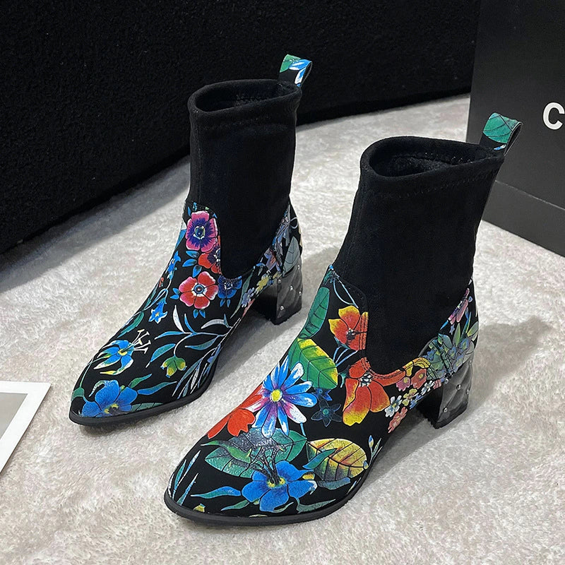 Floral Print Pointed Toe Chunky Heel Boots